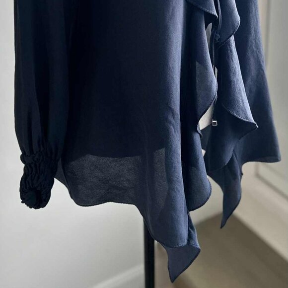 NWT Shan Ink-Blue Silk Semi-Sheer Ruffle-Blouse w/ Cascading Front & Tie – US 6 - Picture 4 of 14